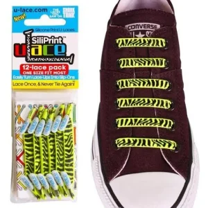 U-Lace SiliPrint – Lacets Élastiques Zèbre Jaune Fluo Sans Nœud pour Baskets – 12 Segments